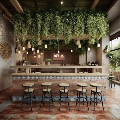 a wooden restaurant counter in a wooden shop, in the style of japanese minimalism, reimagined by industrial light and magic, tachisme, rustic charm, dada-inspired constructions, quito school, sophisticated woodblock


