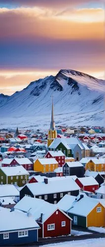 Reykjavik architecture, colorful buildings, Hallgrimskirkja church, unique Nordic design, asymmetrical structure, vibrant colors, wooden frames, corrugated iron roofs, stone foundations, intricate det