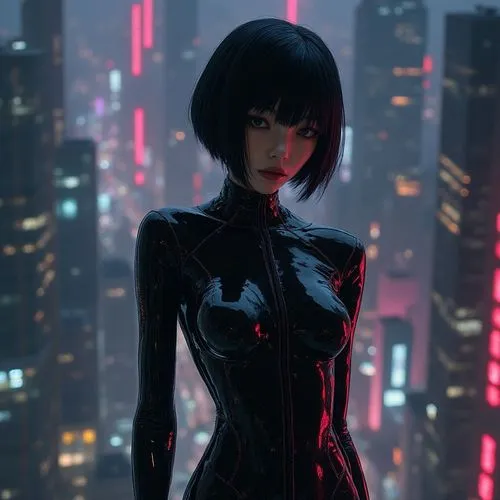 a futuristic woman in front of a city skyline,domino,cyberpunk,synthetic,metropolis,futuristic,vendetta,catsuit,fantasia,black widow,cityscape,catsuits,metropolitan,dusk,cinematic,persona,dark suit,xi