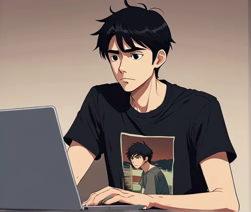 2d animated film, id photo, young and slim asian man working on laptop, worried, dark hair, dark eyes, japanese anime style, a black t-shirt, dark pants ,anime boy,man with a computer,isolated t-shirt