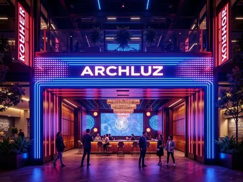Neon-lit nightclub facade, futuristic LED lights, dynamic patterns, metallic surfaces, angular lines, bold typography, vibrant color scheme, strobe lights, fog machines, DJ booth, luxurious VIP areas,