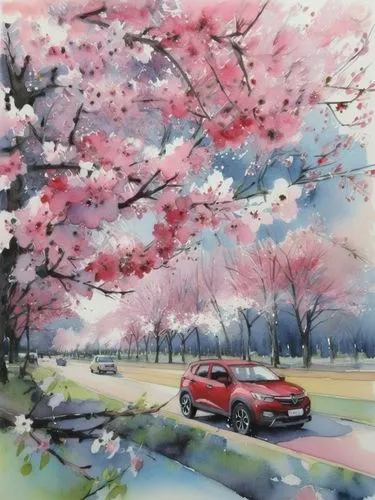 Акварель, вишня цветет, красный автомобиль,a watercolor painting of a car on a road with trees,the cherry blossoms,cherry blossoms,cherry blossom tree-lined avenue,cold cherry blossoms,cherry blossom,