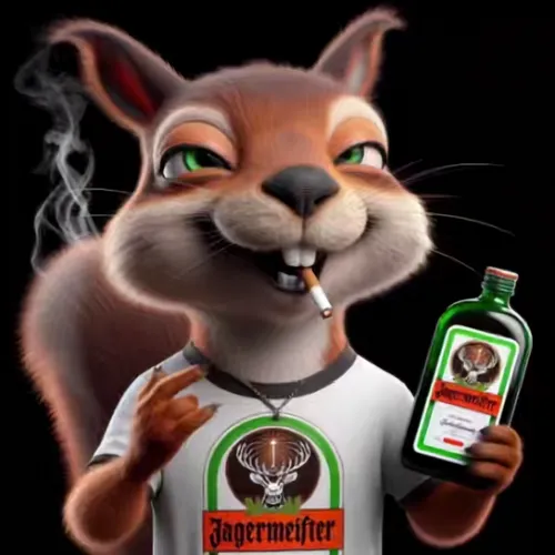 Anthropomorphic squirrel, it shows a mocking smile, while rolling its eyes. Only the whites of the eyes are still visible, cigarette wearing a Jägermeister t-shirt theme with bottle Jägermeister, real