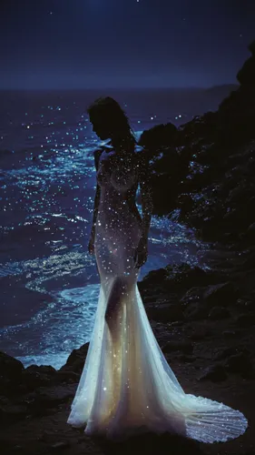stardust covered transparent dress, sparkling, glowing, moody, soft light,mermaid silhouette,queen of the night,mermaid,believe in mermaids,sea night,mermaid background,mermaid tail,let's be mermaids,