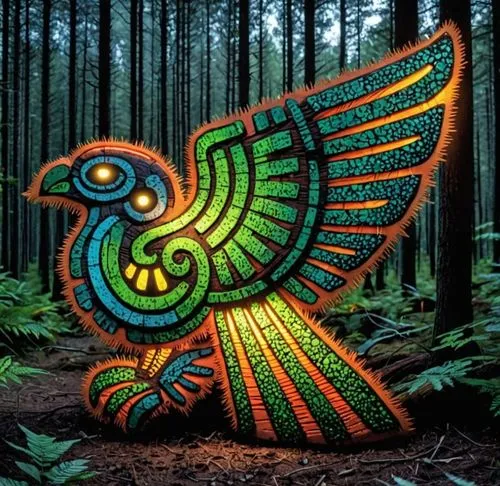 a bird made out of paper in the woods,fairy peacock,bird painting,peacock,an ornamental bird,ornamental bird,indigenous painting,wood art,wood carving,carved wood,phoenix rooster,woodcarving,glass pai