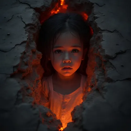 a  looking out of a hole with red flame,firelight,door to hell,photo manipulation,fire background,the little girl,mystical portrait of a girl,fire angel,flame of fire,infernal,fire siren,flame spirit,
