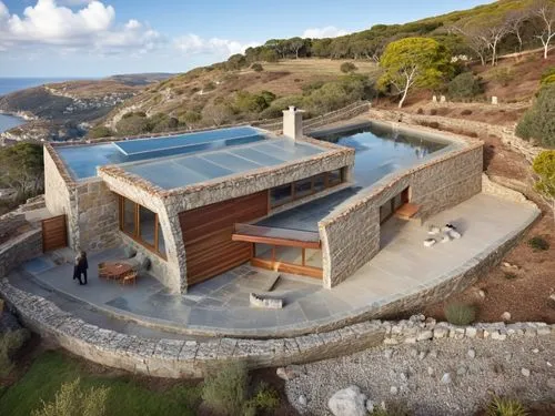 A modern single-story house with a minimalist architectural design, featuring walls made of stone slabs that define its volume and layout. The house has large glass windows that connect the interior w