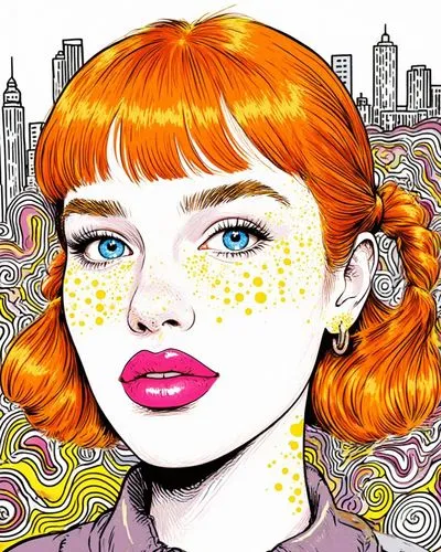 Rostro de una mujer de 20 años, cabello naranjado, labios rosados gruesos brillantes, ojos celestes con amarillo, dos colas en el cabello, detrás está la ciudad,an orange haired woman with a dotted pa