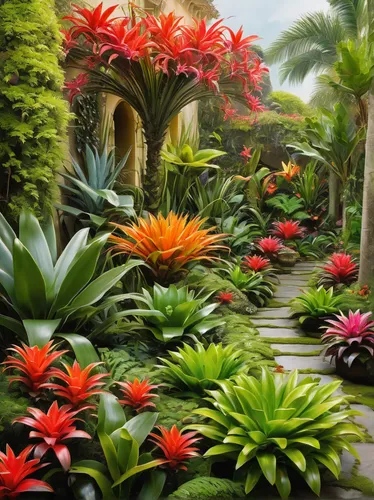 Describe a serene and peaceful garden filled with colorful bromeliads.,tropical flowers,exotic plants,tropical bloom,bromeliaceae,bromeliad,bromelia,pineapple lilies,palm garden,splendor of flowers,ga