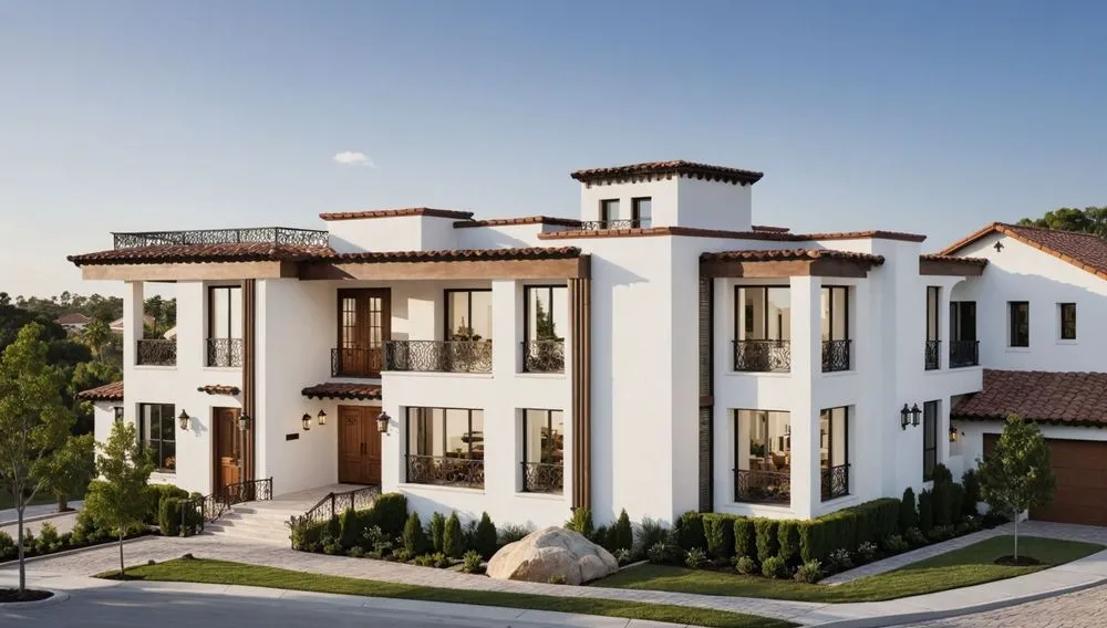 a white two story house with a lot of windows and a balcony
