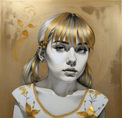 a very pretty girl with long blonde hair,girl portrait,gold leaf,painting technique,gold paint stroke,portrait of a girl,digital painting
