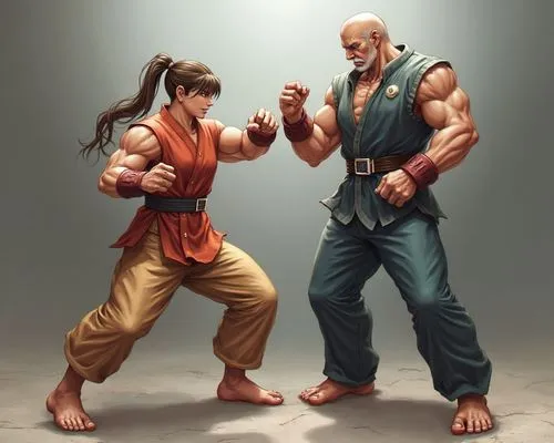 Street Fighter II characters, Mortal Kombat characters, Tekken characters, Fighting game, Martial arts poses, two characters fighting, heath bars, One v one fight, Ken, Ryu, Guile, Sagat, Vega, Chun L