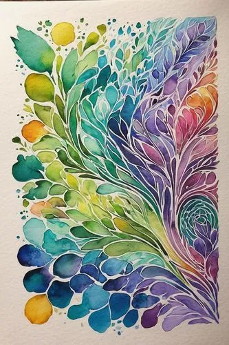 generate a abstract watercolor image. It should be vibrant enough but the colors can blend and create soft edges. I do not want sharp, bold lines or outlines. These are for a reverse coloring book wit