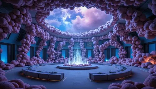 Celestial planetarium dome, curvaceous blob-like structures, iridescent colors, shimmering LED lights, nebula-inspired patterns, glossy reflective surfaces, futuristic architecture, spherical shapes, 