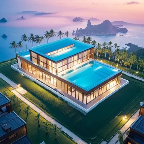 an aerial view of the property with a pool and a sunset,infinity swimming pool,pool house,holiday villa,luxury property,tropical house,cube house,cube stilt houses,beautiful home,dunes house,beach hou