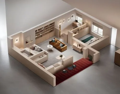 3D Floor plan, Modern home,this room has many furniture, and some red carpet,modern room,an apartment,apartment,home interior,shared apartment,loft,interior modern design,lofts,smart home,modern livin
