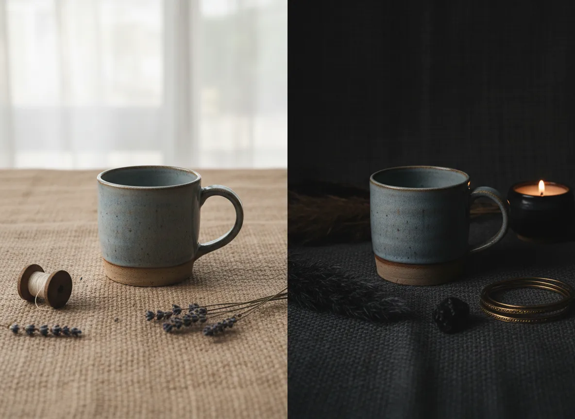 Un'immagine a schermo diviso che mostra lo stesso oggetto su due diversi sfondi generati dall'AI: uno in iuta chiara e ariosa in stile rustico, l'altro in iuta scura e suggestiva in stile boho chic.