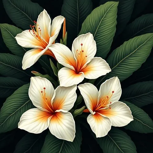 Create a vibrant and detailed illustration of white flowers with orange centers, nestled amongst rich green leaves. Emphasize the contrast between the bold colors, highlighting the texture of each pet