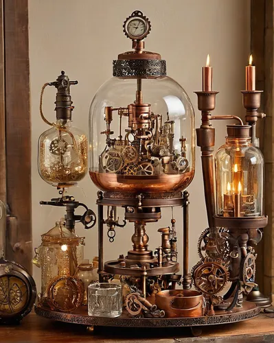 Craft an elegant display of glass items for a lavish party.,clockmaker,scientific instrument,steampunk,steampunk gears,orrery,watchmaker,apothecary,perfume bottles,distillation,pocket watches,oil lamp