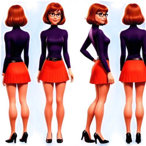 Crie apenas imagens de alta resolução, pixar 3d, 4k, estilo de folha de personagem, como uma boneca de papel, estilo A pose. Create a nice and sexy Velma Dinkley by animated series Scooby Doo. Ela dev