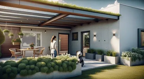 a person with a dog and table outside,fromental,prefab,propagules,prodromal,3d rendering,pergola