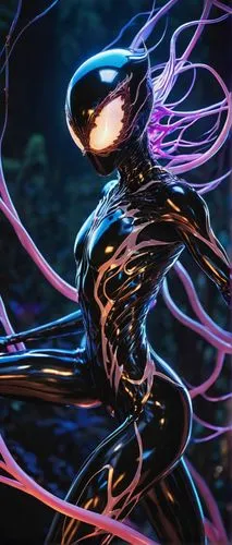 A dazzlingly shimmering sonic symbiote radiates bioluminescent hues, embodying a captivating blend of enchantment and vibrancy its luminescent tendrils pulsate with vivid colors, while its ethereal fo