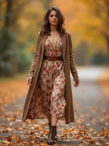 A romantic fall look with a floral midi dress, brown leather belt, and a long wool cardigan. She’s twirling among autumn leaves, with ankle boots and delicate gold jewelry adding warmth and femininity