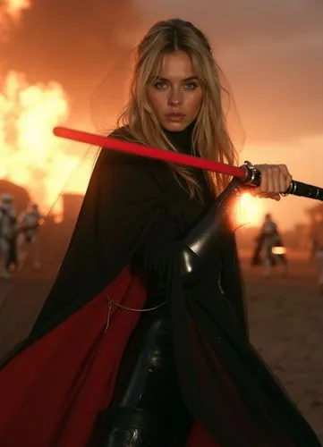 A photograph full body of a beautiful young woman with long blonde hair. She is dressed in a black cape and a jedy clothes from Star Wars whit metal plateson her shoulders, arms and knees, she is stan