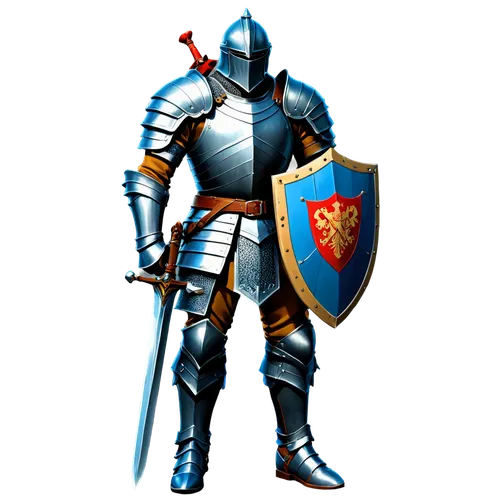 Knight, RPG Game, Strong, muscular build, Scars from battles past often mark their skin, Wears heavy plate armor, carries a sword and shield, and may have a crest symbolizing their allegiance,knight a