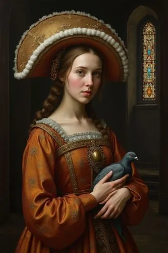 A fascinating medieval painting in the style of Maestro dei Cassoni di Jarves, the Limbourg brothers, Rogier van der Weyden and Domenico di Bartolo, International Gothic, depicting a noble lady of 15t
