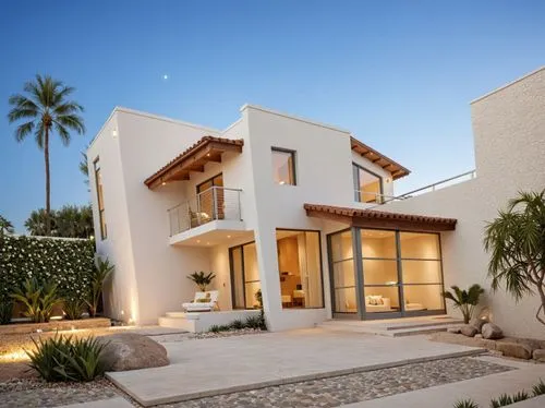 A photo-realistic rendering of a modern two-story house with a contemporary design, featuring a combination of stucco and tiled architecture. the house is located in a desert location, with a clear bl