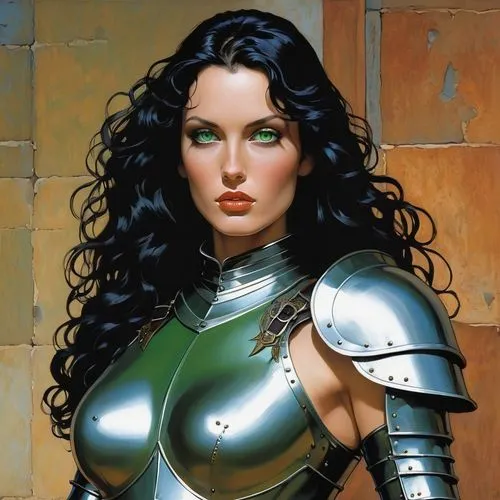 make a beautiful woman with green eyes, black long wavy hair, make her dressing a medieval  lether armor,breastplate,cuirass,fantasy woman,female warrior,head woman,heroic fantasy,celtic queen,heavy a