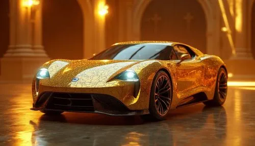 "Futuristic golden sports car concept, luxury supercar, ornate cathedral interior, cinematic lighting, high-end 3D visualization --v 6",a gold colored car in an orange building,sultan,electric sports 