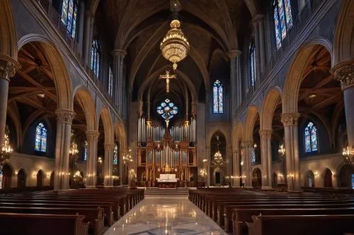 Grand, elegant church interior, high ceiling, stunning stained glass windows, intricate stone carvings, majestic pipe organ, polished wooden pews, soft cushions, golden crucifix, beautiful altar, orna