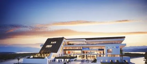 the new blue and white building is lit up,snohetta,cube house,modern house,cubic house,jecheon,modern architecture