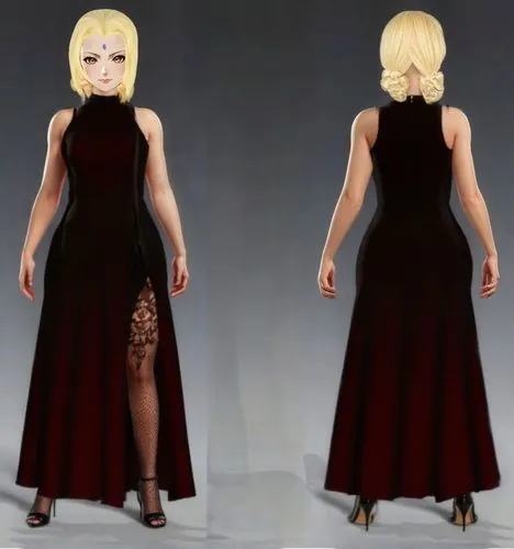 a blonde haired woman wearing a long dress,dress walk black,a floor-length dress,long dress,dress form,dress doll,party dress,winter dress,vermouth,dress,fashion vector,black dress with a slit,readdre