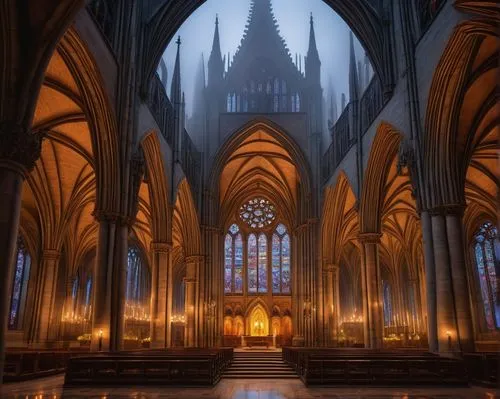 Gothic architectural style, grandiose cathedral, intricate stone carvings, stained glass windows, pointed arches, ribbed vaults, ornate columns, majestic spires, mystical ambiance, twilight, foggy atm