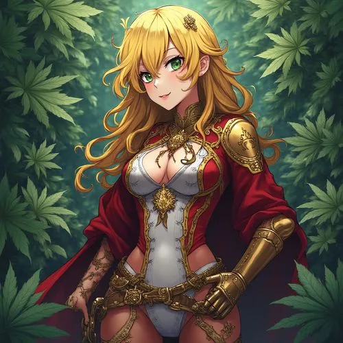 alice in wonderland shazam kazam wam bam emoji face anime male warrior lingerie inspired gothic colonial clothing armor outfit full body marijuana leaf record background
,an anime character dressed up