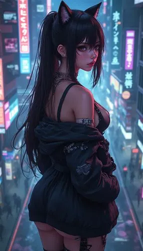 A bird eye view of 
 mesmerizing hyper-realistic cyberpunk illustration by Cihan Cevik, featuring a captivating female anime character sporting trendy cat ears and a head-turning futuristic outfit. Th