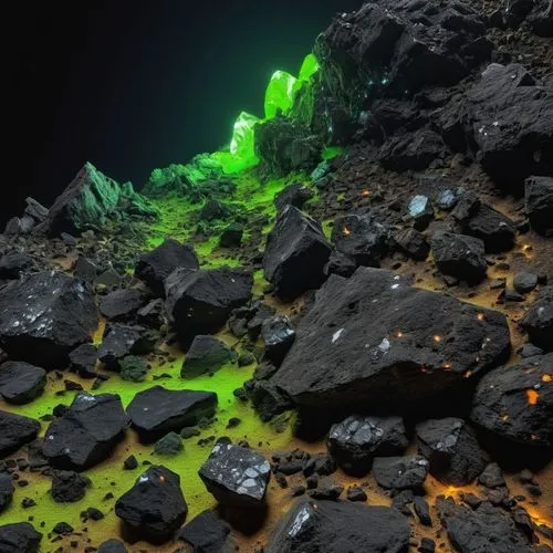 roccia spaccata nera con all'interno minerali  fluorescenti,a po of a green substance on a rocky area,lava river,lava stones,solidified lava,lava,fractal environment,volcano pool,volcanism,green bubbl