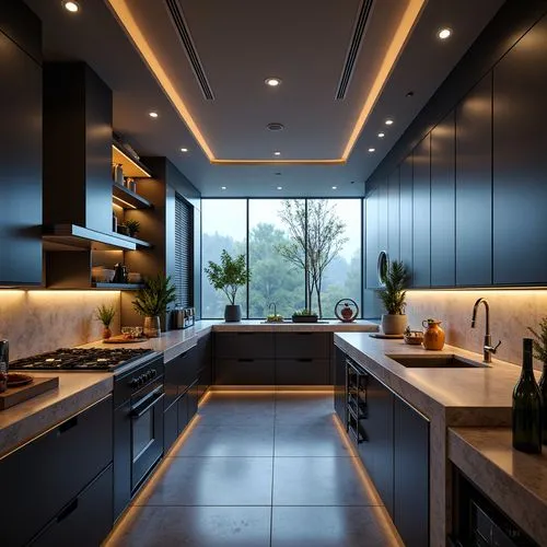 Futuristic kitchen interior, sleek metal cabinetry, high-gloss countertops, ambient LED lighting, color-changing mood lights, under-cabinet task lights, pendant lamps, futuristic appliances, touchless