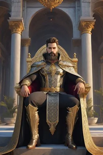 Kingly figure, muscular man, grandiose architectural backdrop, intricate metal details, ornate throne, regal attire, majestic beard, powerful chest, broad shoulders, strong legs, golden accessories, l