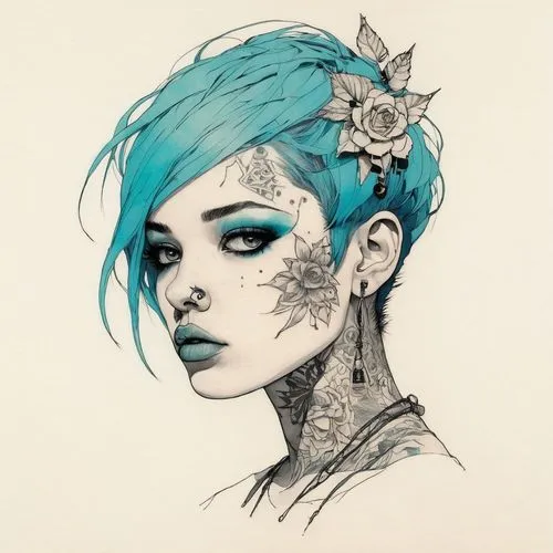  ,a woman with blue hair with tattoos on her head,tattoo girl,watercolor blue,bluejay,watercolor pin up,fantasy portrait,ink,girl portrait,verdigris,pencil color,blue jay,blue hair,wilted,watercolor p