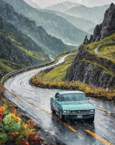 Generate a car driving along a winding mountain pass in the rain.,the transfagarasan,alpine drive,transfagarasan,jensen interceptor,mountain pass,jaguar xjs,mountain highway,bernina pass,audi 100,jagu
