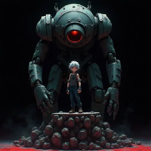 A detailed anime depiction of RASH standing on a war-worn metal base beneath the ruthless machine's fierce gaze. The black background contrasts his rugged features, adding to the enigmatic scene's int