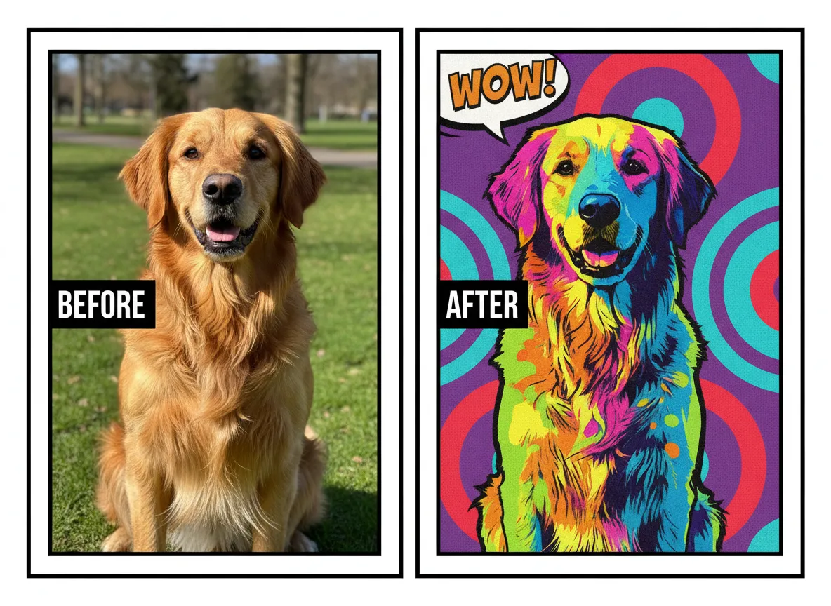 Prima e dopo di una foto di un animale domestico, con l'immagine 'dopo' che mostra una versione Pop Art colorata e stilizzata del cane.