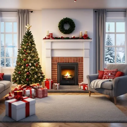 cear una imagen realista calidad hd , con un salon con adornos de navidad,un pino con regalos abajo y una chimenea encendida ,a cozy living room is decorated for the holidays,christmas fireplace,fire 