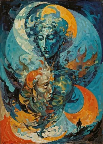 intertwined or interacting amidst a sense of fluidity and dynamism. depth in brush strokes as jackson pollock does,vincent van gough,phobos,poseidon,venus,phase of the moon,violinist violinist of the 