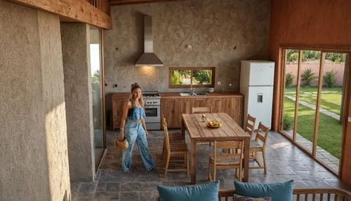 a woman is outside the dining area with furniture,outdoor table and chairs,loggia,breakfast room,outdoor dining,patios,patio,chalet,barbecue area,verandas,verandahs,verandah,dining room,patio furnitur