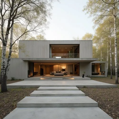  ,the house is very large and well lit in the woods,dunes house,forest house,modern house,cubic house,exposed concrete,bohlin,breuer,modern architecture,cantilevers,cube house